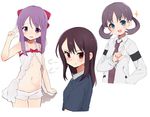  :t babydoll blue_eyes blush embarrassed flat_chest hanada_kirame long_hair multiple_girls navel necktie noyori_risa open_mouth pointing pointing_up pout purple_eyes purple_hair red_eyes saki saki_achiga-hen shindouji_school_uniform shinohayu_the_dawn_of_age shisoneri sparkle suehara_kyouko sweatdrop twintails v 