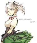  black_gloves blush choker ciel_alencon corset fingerless_gloves gloves god_eater god_eater_2:_rage_burst green_eyes grey_hair hair_ribbon happy_birthday highres kabocha_(conoa122a) looking_at_viewer ribbon ribbon_choker short_twintails simple_background skirt solo twintails white_background wind 