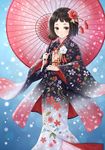  black_hair blush brown_eyes flower hair_flower hair_ornament highres japanese_clothes kimono long_sleeves looking_at_viewer obi oriental_umbrella original sash short_hair smile solo tadokoro_teppei umbrella 