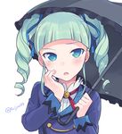  1girl :o aikatsu! bangs blunt_bangs blush braid bust drill_hair fang fujino_(unajisaiko) green_hair hair_ribbon looking_at_viewer ribbon simple_background solo toudou_yurika twin_braids twitter_username umbrella upper_body white_background 