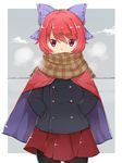  adapted_costume akagashi_hagane black_legwear bow cape cloud coat hair_bow hands_in_pockets looking_at_viewer pantyhose plaid plaid_scarf red_eyes red_hair red_skirt scarf sekibanki short_hair skirt solo touhou winter_clothes 