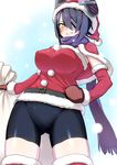  alternate_costume bad_id bad_pixiv_id belt bike_shorts black_hair blush breasts capelet christmas commentary cowboy_shot eyepatch fringe_trim fur_trim grin hand_on_hip hat headphones highres kantai_collection large_breasts mittens ransusan sack santa_costume santa_hat scarf smile snow snowing solo tenryuu_(kantai_collection) yellow_eyes 