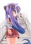  blue_eyes from_behind highres hiiragi_kagami hiiragi_tsukasa izumi_konata long_hair lucky_star multiple_girls panties pantyshot purple_hair rokushaku_neko ryouou_school_uniform school_uniform serafuku stairs twintails underwear 