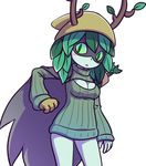  1girl adventure_time alternate_costume arrow bare_legs bow_(weapon) cartoon_network female green_eyes green_hair huntress_wizard leaf long_hair nollety open-chest_sweater solo weapon 