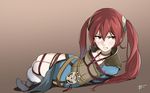  armor bdsm blush bondage boots bound choker dress fire_emblem fire_emblem:_kakusei fur_boots highres knee_boots long_hair red_eyes red_hair rope selena_(fire_emblem) sharpffffff solo twintails 