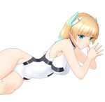  angela_balzac aqua_eyes blonde_hair breasts covered_navel cowboy_shot fingers_together gogi hair_ornament impossible_clothes impossible_leotard large_breasts leotard long_hair looking_at_viewer low_twintails lying on_side rakuen_tsuihou simple_background solo steepled_fingers twintails twisted_torso very_long_hair white_background 