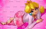  ass barefoot blonde_hair blue_eyes breasts cleavage crown earrings edit feet heart huge_ass jewelry lips lipstick looking_at_viewer lying makeup mario_(series) nintendo photoshop pink_lips princess_peach robert_porter soles solo super_mario_bros. thong toes wide_hips 
