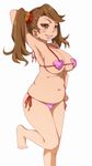  arm_up armpit_hair armpits bikini breasts brown_eyes brown_hair female grin gundam gundam_build_fighters gundam_build_fighters_try hair_ornament hand_behind_head large_breasts leg_lift long_hair long_twintails lunalu9 navel pink_bikini pink_swimsuit plump sazaki_kaoruko simple_background smile solo standing string_bikini swimsuit twintails white_background 