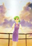  cloud green_hair hatsuseno_alpha mutou_youshun purple_eyes short_sleeves smile solo yokohama_kaidashi_kikou 