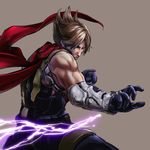  black_gloves blonde_hair blue_eyes electricity fighting_stance gloves highres kamiki_uutarou lars_alexandersson male_focus muscle red_scarf scarf sleeveless solo spiked_hair tekken 