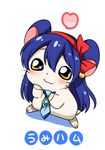  :3 animalization blue_hair blush bow eromame gen hair_bow hair_ornament hairband hamster hamtaro long_hair love_live! love_live!_school_idol_project necktie parody red_bow sapphire_(stone) simple_background solo sonoda_umi standing tail whiskers white_background 