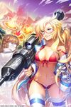  bikini blonde_hair blue_eyes breasts cat_shi cleavage crater front-tie_top glasses grin gun jacket large_breasts long_hair mountain multiple_girls navel off_shoulder quartermaster_knight red-framed_eyewear rocket_launcher shiny shiny_skin side-tie_bikini skindentation smile strap_gap swimsuit sword_girls thighhighs toothpick weapon 