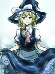  apron blonde_hair bow braid hair_bow hat hat_bow kirisame_marisa necktie nip_to_chip short_sleeves side_braid smile touhou waist_apron white_bow witch_hat yellow_eyes 