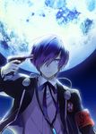  armband blue_eyes blue_hair digital_media_player evoker full_moon gun gun_to_head headphones headphones_around_neck holding holding_gun holding_weapon kuroemon looking_at_viewer male_focus moon night persona persona_3 school_uniform solo upper_body weapon yuuki_makoto 