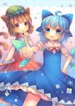  :d ahoge animal_ears blue_eyes blue_hair bow brown_eyes brown_hair cat_ears cat_tail chen cirno hair_bow hat ice ice_wings multiple_girls open_mouth pjrmhm_coa pointing smile snowflakes tail touhou v-shaped_eyebrows wings 