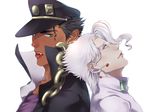  alternate_skin_color chain dark_skin dark_skinned_male earrings fang green_eyes hat highres jewelry jojo_no_kimyou_na_bouken kakyouin_noriaki kuujou_joutarou multiple_boys pale_skin palette_swap purple_eyes samuraisamurai white_hair 