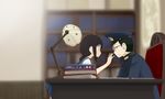  1girl admiral_(kantai_collection) black_hair blurry book bookshelf chair depth_of_field desk desk_lamp fubuki_(kantai_collection) glasses hat imai_tetsuya kantai_collection lamp peaked_cap ponytail school_uniform serafuku sleeping 