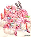  bad_id bad_pixiv_id between_breasts bikini_top blue_eyes blue_hair bow breasts dessert finger_to_mouth food frills fruit hair_bow highres hizuki_akira ice_cream in_food japanese_clothes large_breasts long_hair minigirl official_art open_mouth original oversized_object pink_hair sengoku_gensoukyoku simple_background sitting smile solo sparkle spoon strawberry striped striped_legwear thighhighs whipped_cream white_background 