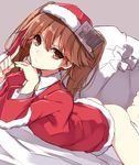  aosaki_yukina bell bell_collar bottomless brown_eyes brown_hair chin_rest collar dutch_angle fur_trim hat japanese_clothes kantai_collection kariginu looking_at_viewer lying on_stomach ryuujou_(kantai_collection) sack santa_costume santa_hat solo twintails 