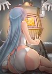  ass blue_hair eighth_note from_behind gloves heater highres ichikawa_feesu kantai_collection long_hair musical_note panties pov samidare_(kantai_collection) sitting solo twitter_username underwear underwear_only very_long_hair white_gloves white_panties yokozuwari 