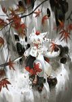  animal_ears autumn_leaves detached_sleeves hair_over_one_eye hat inubashiri_momiji long_sleeves red_eyes scenery seeker shield shirt silver_hair skirt solo sword tail tokin_hat touhou water waterfall weapon wide_sleeves wolf_ears wolf_tail 