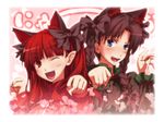  alternate_hairstyle animal_ears black_hair blue_eyes blush bow braid cat_ears cosplay costume_switch extra_ears fang fate/stay_night fate_(series) hair_bow hairstyle_switch heart kaenbyou_rin long_hair long_sleeves looking_at_viewer matsuki_akira multiple_girls namesake one_eye_closed open_mouth paw_pose pointy_ears red_eyes red_hair smile toosaka_rin touhou twin_braids 