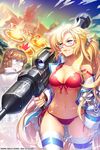  2girls abs ass_visible_through_thighs bikini blonde_hair blue_eyes breasts cat_shi cleavage covered_nipples crater front-tie_top glasses gun jacket large_breasts long_hair mountain multiple_girls navel off_shoulder quartermaster_knight rectangular_mouth red-framed_eyewear red_bikini rocket_launcher semi-rimless_eyewear shiny shiny_skin side-tie_bikini skindentation strap_gap strap_slip striped striped_legwear swimsuit sword_girls thighhighs turn_pale under-rim_eyewear underboob weapon 