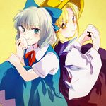  back-to-back blonde_hair blue_eyes blue_hair blush bow cirno eating food hair_bow hair_ribbon hat moriya_suwako multiple_girls onigiri ribbon touhou wavy_mouth wide_sleeves yellow_eyes yonu_(yonurime) 