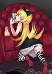  ass bad_id bad_pixiv_id bag bakemonogatari black_panties blonde_hair couch from_behind fu-ta gothic_lolita handheld_game_console lolita_fashion long_hair monogatari_(series) nintendo_3ds oshino_shinobu panties pantyshot solo striped striped_legwear underwear yellow_eyes 