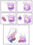  2girls 5koma :3 animal_ears arms_up badge black_legwear blazer blue_eyes braid bunny_ears changing_clothes clothes_hanger comic crescent_moon dress eating emphasis_lines food happy heart hekoningyou_(waraningyou) humming jacket long_hair looking_at_another moon multicolored multicolored_clothes multicolored_dress multiple_girls musical_note necktie no_shoes open_mouth pantyhose pink_skirt purple_skirt red_eyes reisen_udongein_inaba right-to-left_comic shirt short_sleeves single_braid sitting skirt smile sparkle standing sweet_potato touhou translated white_hair yagokoro_eirin yukkuri_shiteitte_ne 