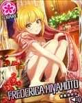  armchair artist_request barefoot blanket blonde_hair blush candle card_(medium) chair character_name dutch_angle feet fireplace flower flower_(symbol) green_eyes idolmaster idolmaster_cinderella_girls knees_up legs looking_at_viewer miyamoto_frederica official_art red_flower red_rose rose shoes short_hair shorts single_shoe sitting slippers smile solo 