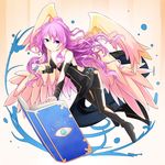  aabtcndneefkg angel angel_wings archangel_metatron_(p&amp;d) bare_shoulders black_dress blue_eyes book breasts cleavage collarbone dress feathered_wings flying full_body holding long_hair medium_breasts multiple_wings pen pink_hair puzzle_&amp;_dragons solo wavy_hair wings 