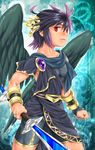  bike_shorts black_hair dark_pit karasuma_pink kid_icarus kid_icarus_uprising male_focus red_eyes solo sword toga weapon wings 