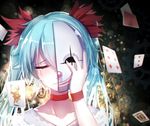  aqua_hair bai_yemeng bangs blurry broken_mask card choker closed_eyes closed_mouth clown_mask collarbone depth_of_field diamond_(shape) falling_card flipped_hair flower frown gears gradient_hair hair_between_eyes hair_flower hair_ornament hatsune_miku heart joker karakuri_pierrot_(vocaloid) king_(playing_card) lace lens_flare lips long_hair mask md5_mismatch multicolored_hair nail_polish number playing_card portrait raised_eyebrow red_nose smile solo tears twintails vocaloid wristband 