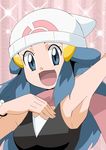  1girl armpit armpits blue_eyes blue_hair cap hainchu happy hikari_(pokemon) looking_at_viewer open_mouth pokemon small_breasts smile solo 