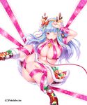  animal_ears antlers arm_up bad_id bad_pixiv_id bdsm bell bell_collar belly blue_hair bondage boots bound breasts cleavage collar fake_animal_ears frills hair_ornament headband highres hizuki_akira large_breasts leash long_hair looking_at_viewer mouth_hold nail_polish official_art one_eye_closed original red_eyes reindeer_antlers reindeer_ears ribbon ribbon_bondage sengoku_gensoukyoku simple_background skirt solo white_background 