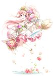  anklet arche_klein bangs barefoot bouquet broom broom_riding dress feet flower flying gaha hair_flower hair_ornament happy headdress holding holding_flower jewelry long_hair open_mouth pink_hair ponytail purple_eyes ribbon riding solo tales_of_(series) tales_of_phantasia 