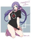  barefoot breasts card clothes_writing green_eyes karipaku leg_warmers long_hair love_live! love_live!_school_idol_project low_twintails mad_catz medium_breasts mouth_hold no_pants panties playing_card purple_hair scrunchie shirt shirt_tug solo t-shirt toes toujou_nozomi twintails twitter_username underwear white_panties 