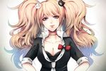  animal_hair_ornament bear_hair_ornament blonde_hair blue_eyes bow breasts choker cleavage danganronpa danganronpa_1 enoshima_junko hair_ornament hands_on_hips long_hair medium_breasts necktie sleeves_rolled_up smile solo spoilers twintails z-epto_(chat-noir86) 