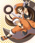  anchor brown_eyes checkered checkered_background fingerless_gloves flat_chest gloves guilty_gear guilty_gear_xrd hat highres huge_weapon long_hair may_(guilty_gear) orange_hat orange_shirt pirate_hat sch shirt smile solo v weapon 