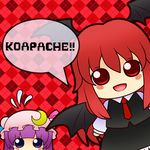  :d argyle argyle_background bat_wings blush_stickers chibi crescent dress_shirt flying_sweatdrops hair_between_eyes hat head_wings koakuma long_hair long_sleeves looking_at_viewer mob_cap multiple_girls necktie open_mouth patchouli_knowledge plaid purple_eyes red red_hair red_neckwear shirt skirt skirt_set smile soramame1110 speech_bubble touhou vest wings 