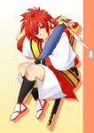  blush deyezi full_body hisame_shizumaru japanese_clothes male_focus ponytail red_hair samurai_spirits smile solo tabi weapon 