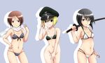  bare_shoulders bikini black_eyes black_hair blue_eyes bottomless brown_hair collarbone covering covering_crotch cowboy_shot erica_hartmann grey_background grin hand_on_hip hat isosceles_triangle_(xyzxyzxyz) kuroe_ayaka looking_at_viewer multiple_girls navel nishizawa_yoshiko over_shoulder peaked_cap scarf short_hair smile strike_witches swimsuit sword sword_over_shoulder weapon weapon_over_shoulder world_witches_series 