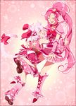  2girls aino_hikaru_(0417nao) back_cutout boots bow brooch choker closed_eyes cure_miyabi_(0417nao) cure_prism_(0417nao) full_body hair_bow hairband highres imminent_hug jewelry knee_boots leg_warmers long_hair magical_girl multiple_girls original pink pink_background pink_bow pink_footwear pink_hair pink_skirt precure ribbon short_hair side_ponytail skirt smile white_hair 
