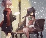  black_hair breath can chibirisu coat commentary gloves hair_over_one_eye hayashimo_(kantai_collection) kantai_collection long_hair looking_away multiple_girls pantyhose red_scarf scarf shiranui_(kantai_collection) sitting_on_bench snow_on_head snowing thighhighs uniform very_long_hair winter 