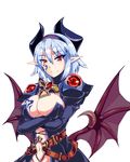  bat_wings belt blue_hair breast_hold breast_tattoo breasts cleavage closed_mouth crossed_arms demon_girl horns large_breasts looking_at_viewer low_wings monster_girl monster_girl_encyclopedia navel pointy_ears red_eyes short_hair simple_background smile solo succubus succubus_(monster_girl_encyclopedia) succubus_wilmarina tattoo tsurime upper_body white_background wilmarina_noscrim wings yu_(yoki) 