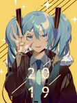  1girl absurdres aqua_eyes aqua_hair arm_up black_jacket collared_shirt commentary fur_collar hair_between_eyes hatsune_miku highres jacket keychain long_hair looking_at_viewer nail_polish necktie ok_sign shirt smile solo tattoo twintails vocaloid yellow_background yellow_nails zhibuji_loom 