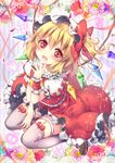  blonde_hair blush flandre_scarlet flower garter_straps grey_legwear hand_to_own_mouth hat open_mouth red_eyes riichu sitting solo thigh_strap thighhighs touhou wariza wings wrist_cuffs 