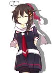  ^_^ arms_behind_back bad_id bad_pixiv_id black_serafuku black_skirt braid christmas closed_eyes facing_viewer hair_flaps hair_ornament hair_over_shoulder hat highres kantai_collection neckerchief pleated_skirt puffy_short_sleeves puffy_sleeves red_neckwear remodel_(kantai_collection) sailor_collar santa_hat scarf school_uniform serafuku shadow shigure_(kantai_collection) short_sleeves simple_background single_braid skirt solo white_background white_scarf yukichi_(eikichi) 