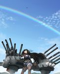  aircraft bare_shoulders black_hair blue_sky cannon day elbow_gloves gloves hairband headgear imai_tetsuya kantai_collection long_hair looking_up machinery nagato_(kantai_collection) open_mouth rainbow sky solo thighhighs 
